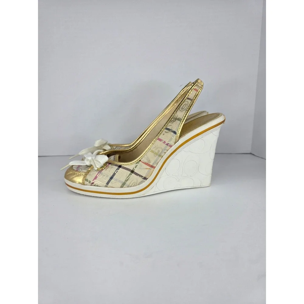 Coach Emilanna Wedge Sandals Womens 8.5B  Multi Plaid Canvas Gold Slingback